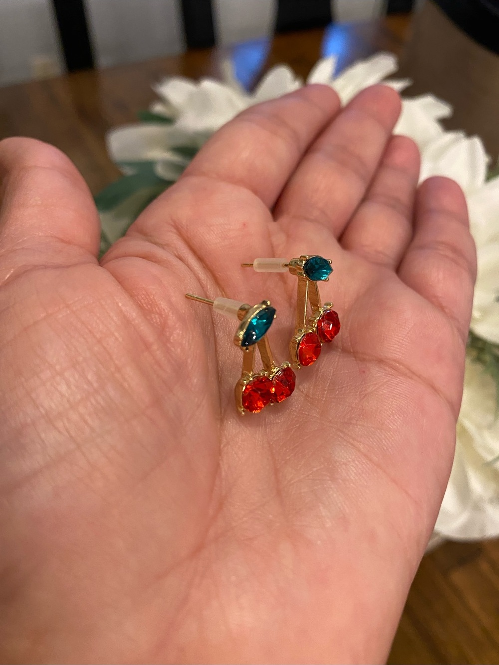 Gold tone Cherry Drop Earrings with Red and Green leaf Stones - Picture 6 of 8